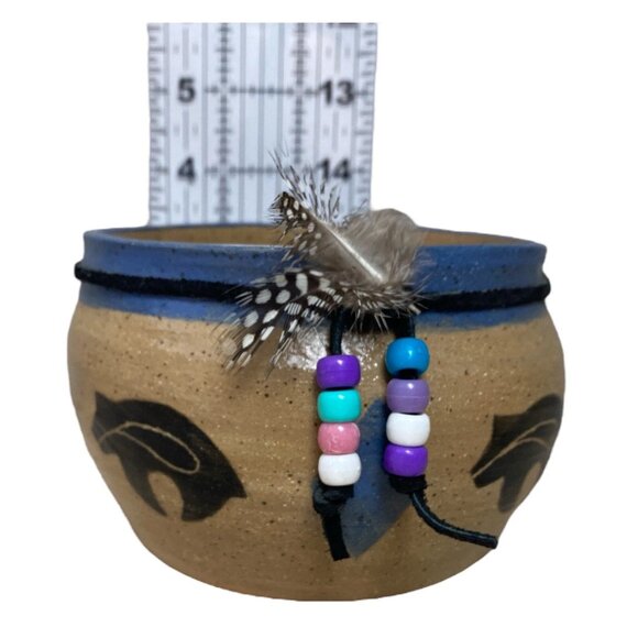 Southwestern Handmade Bear Pottery Bowl Planter with Beads & Feathers - Picture 3 of 8